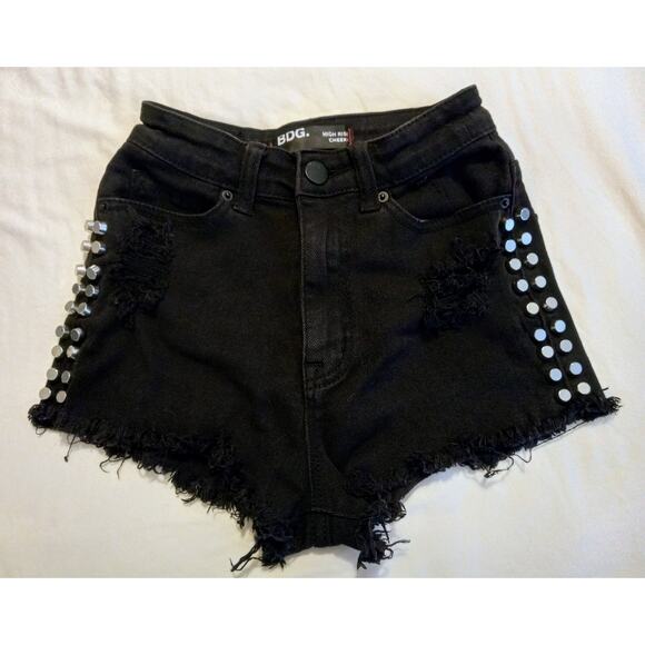 BDG Women’s Studded Denim Shorts Y2K High Rise Cheeky Cut Off Punk Rock SZ XS/S - Picture 1 of 8